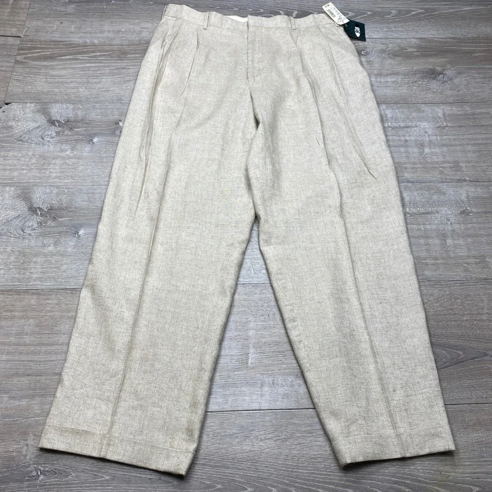9 to 8 Pleated  Pants Mens 36x30 Beige Linen Blend Cuffed Vintage Beach Wide